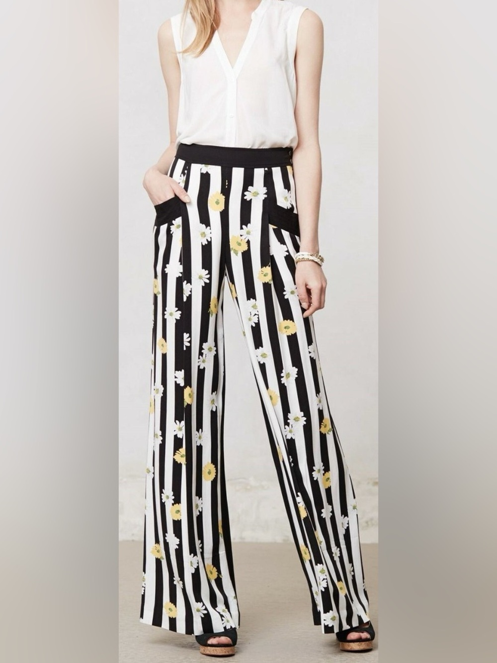 Eleveness 4 Black & White Striped Wide-Leg Pants with Yellow Floral Print